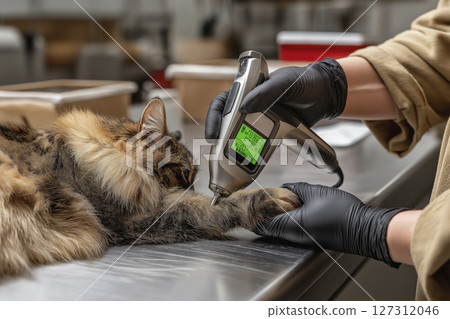 Veterinarian using medical device on a cat's paw in a veterinary clinic setting with equipment 127312046