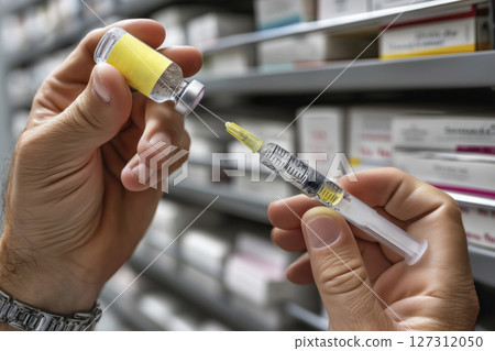 Medical professional preparing a syringe with vaccine from a vial in a pharmacy setting 127312050