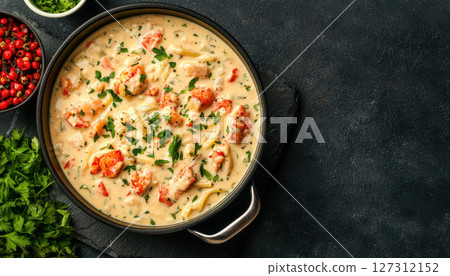 creamy lobster pasta dish garnished with fresh herbs and spices, perfect for gourmet dining creamy lobster pasta dish garnished with fresh herbs and spices, perfect for gourmet dining 127312152