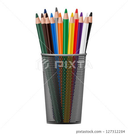 Black metal pencil cup filled with colorful used pencils, isolated on a white background. Realistic 3D vector illustration. 127312284