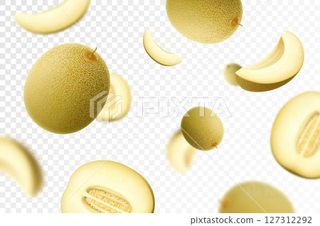 Melon background. Flying whole and sliced melon fruits with blurry effect. Can be used for wallpaper, banner, poster, print, fabric, wrapping paper. Realistic 3d vector illustration Melon background. Flying whole and sliced melon fruits with blurry effect. Can be used for wallpaper, banner, poster, print, fabric, wrapping paper. Realistic 3d vector illustration 127312292
