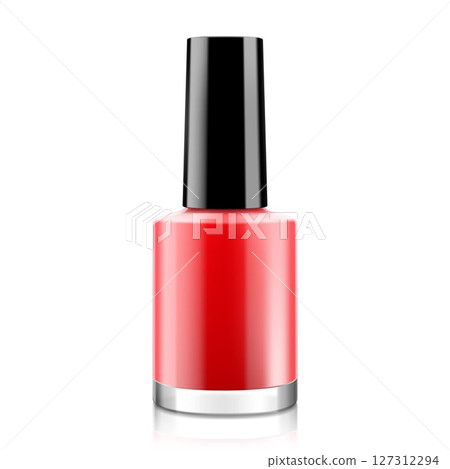 Round red glossy nail polish bottle with black cap, isolated on a white background. Realistic packaging mockup template. Front view. Vector 3d illustration. Round red glossy nail polish bottle with black cap, isolated on a white background. Realistic packaging mockup template. Front view. Vector 3d illustration. 127312294