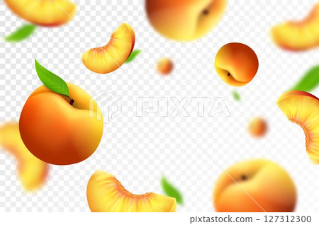 Peach background. Flying whole and slices of peach with blurry effect. Can be used for wallpaper, banner, poster, print. Realistic 3d vector design Peach background. Flying whole and slices of peach with blurry effect. Can be used for wallpaper, banner, poster, print. Realistic 3d vector design 127312300