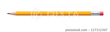 Yellow pencil sharpened with a red rubber band , isolated on white background. Stationery pencil mockup. Realistic 3d vector illustration Yellow pencil sharpened with a red rubber band , isolated on white background. Stationery pencil mockup. Realistic 3d vector illustration 127312307