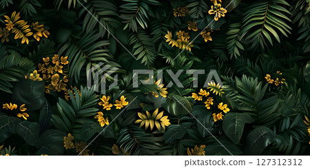 Lush Jungle with Ferns and Golden Flowers Background, Dense Jungle Foliage with Golden Blooms Background - Ai Generated 127312312