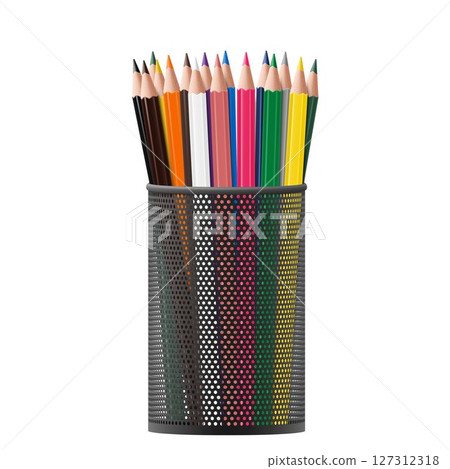 Black metal pencil cup filled with colorful used pencils, isolated on a white background. Realistic 3D vector illustration. Black metal pencil cup filled with colorful used pencils, isolated on a white background. Realistic 3D vector illustration. 127312318