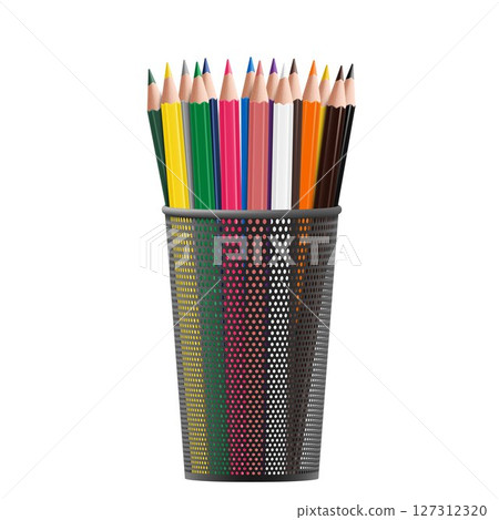 Black metal pencil cup filled with colorful used pencils, isolated on a white background. Realistic 3D vector illustration. 127312320