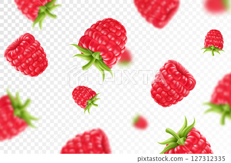 Raspberry background. Flying raspberry with green leaf on transparent background. Raspberry falling from different angles.Focused and blurry objects. 3D realistic vector. 127312335
