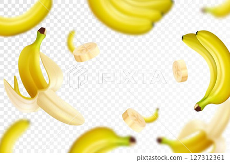 Banana background. Flying bananas are peeled and banana bunches. Unfocused and blurry effect. Can be used for wallpaper, banner, poster, print, fabric, wrapping paper. Realistic 3d vector illustration 127312361