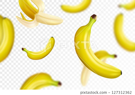Banana background. Flying bananas are peeled and banana bunches. Unfocused and blurry effect. Can be used for wallpaper, banner, poster, print, fabric, wrapping paper. Realistic 3d vector illustration 127312362