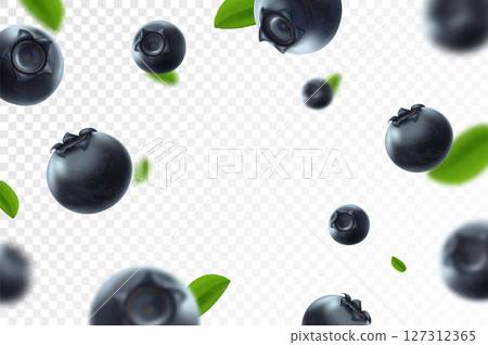 Blueberry background. Fresh berry with green leaves on transparent background. Flying focused and blurry berries. 3D realistic fruits. Falling blueberry. Nature product. Vector illustration. 127312365