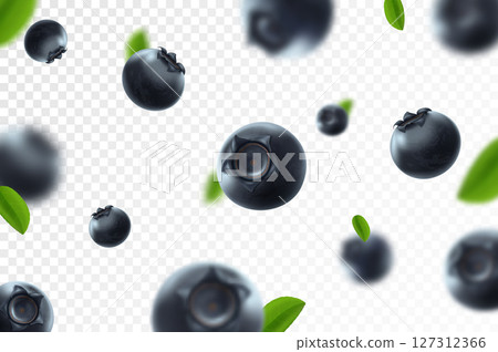 Blueberry background. Fresh berry with green leaves on transparent background. Flying focused and blurry berries. 3D realistic fruits. Falling blueberry. Nature product. Vector illustration. 127312366