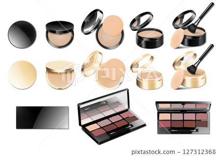 Set of realistic cosmetic makeup products. Blank template of containers for face cosmetic, eyeshadow, lipstick, brush, powder, nail polish and mascara. Vector 127312368