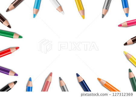 Pencils background. Scattered colored pencils. Mock up pencil or crayons. Colorful pencils frame border on White Background, realistic 3d vector illustration. 127312369