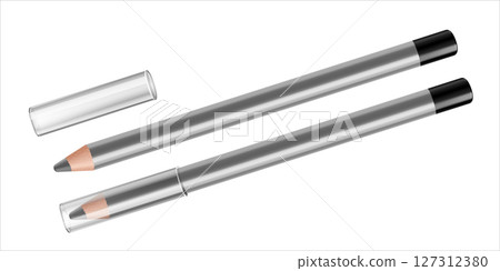 Realistic gray eyeliner for makeup with transparent cap, isolated on white background. Open and closed eyeliner. Professional decorative cosmetics. 3d vector illustration. Realistic gray eyeliner for makeup with transparent cap, isolated on white background. Open and closed eyeliner. Professional decorative cosmetics. 3d vector illustration. 127312380