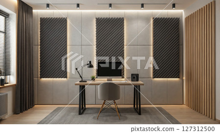 Podcast studio concept, Modern studio with acoustic panels, desk, and stylish decor for productivity Podcast studio concept, Modern studio with acoustic panels, desk, and stylish decor for productivity 127312500