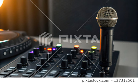 Podcast studio concept, dynamic microphone on podcast setup with colorful controls and lights Podcast studio concept, dynamic microphone on podcast setup with colorful controls and lights 127312501