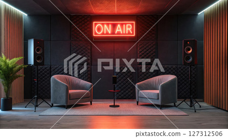 Podcast studio concept, Modern podcast studio with neon sign, cozy seating, and sound equipment Podcast studio concept, Modern podcast studio with neon sign, cozy seating, and sound equipment 127312506