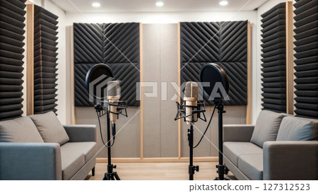 Podcast studio concept, dual podcaster setup in sound treated studio with microphones and seating Podcast studio concept, dual podcaster setup in sound treated studio with microphones and seating 127312523