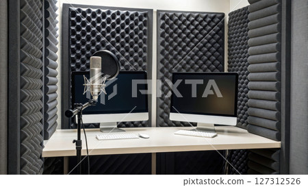 Podcast studio concept, modern podcast studio with soundproofing and dual monitors, ideal for recording 127312526