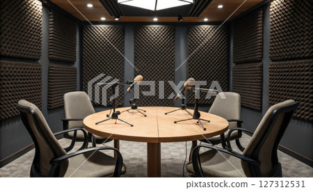 Podcast studio concept, Immersive podcasting space with multiple microphones and soundproofing 127312531