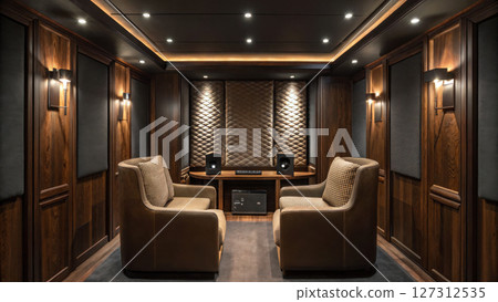Podcast studio concept, Luxurious podcasting environment with dark wood accents and cozy seating 127312535