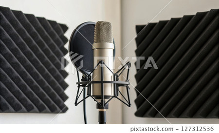 Podcast studio concept, Premium condenser microphone setup with soundproofing panels for recording 127312536
