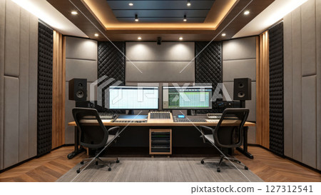 Podcast studio concept, Modern podcast studio with dual screens, soundproofing, and sleek design 127312541