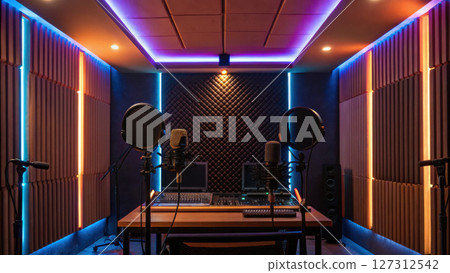 Podcast studio concept, Modern podcast studio with professional microphones and colorful lighting 127312542