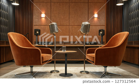 Podcast studio concept, Cozy podcast studio with retro microphones and modern decor, perfect for recording 127312564