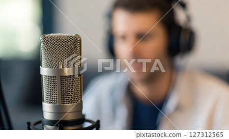 Podcast studio concept, Podcaster speaking into microphone, focused on conversation Podcast studio concept, Podcaster speaking into microphone, focused on conversation 127312565