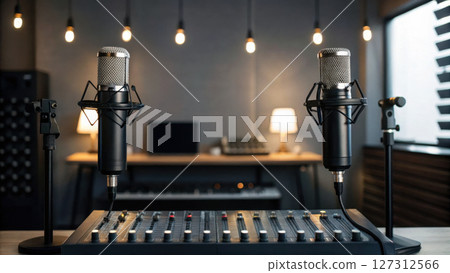 Podcast studio concept, Professional podcast studio setup with dual microphones and mixer 127312566