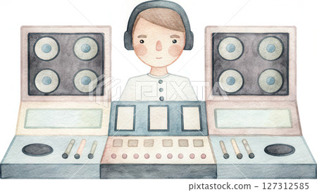 Podcast studio watercolor, sound engineer in control room, focused on live monitoring 127312585