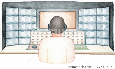 Podcast studio watercolor, Audio engineer monitoring sound levels in studio environment 127312586