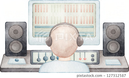 Podcast studio watercolor, Audio engineer monitoring podcast audio in studio setup Podcast studio watercolor, Audio engineer monitoring podcast audio in studio setup 127312587