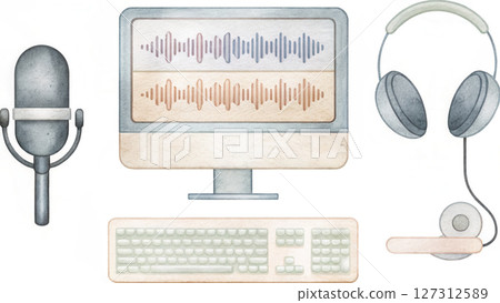 Podcast studio watercolor, Professional podcasting workspace with microphone, computer, and headphones Podcast studio watercolor, Professional podcasting workspace with microphone, computer, and headphones 127312589