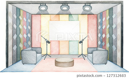 Podcast studio watercolor, colorful podcast studio with mood lighting and unique decor 127312683