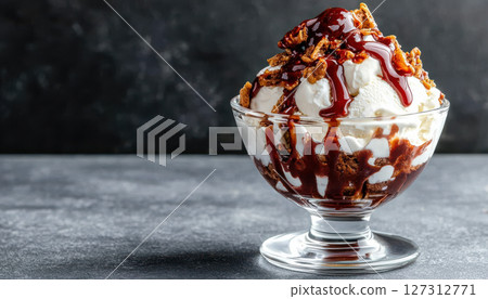 luxurious ice cream sundae with gourmet toppings, rich chocolate sauce, and crunchy nuts creates delightful dessert experience 127312771