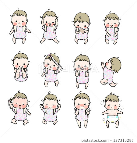 一組具有各種面部表情的嬰兒插圖 127313295