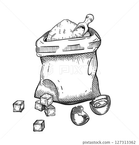 Bag of flour, lump sugar, broken chicken egg, scoop for pouring flour, all objects are hand drawn in vector. Vector composition of dough preparation. Suitable for printing on paper. Bag of flour, lump sugar, broken chicken egg, scoop for pouring flour, all objects are hand drawn in vector. Vector composition of dough preparation. Suitable for printing on paper. 127313362