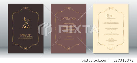 Elegant Vintage Wedding Invitation Set with Gold Border on Brown, Mauve, and Cream Backgrounds Elegant Vintage Wedding Invitation Set with Gold Border on Brown, Mauve, and Cream Backgrounds 127313372