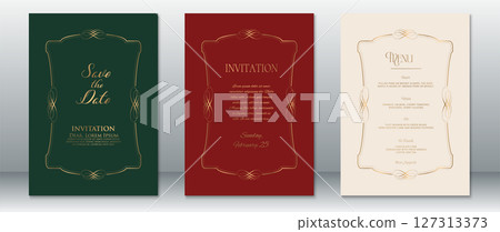Classic Wedding Invitation Set with Gold Ornaments on Dark Green, Burgundy, and Cream Backgrounds 127313373