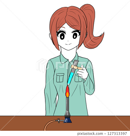 Girl heating a test tube with a burner Girl heating a test tube with a burner 127313397