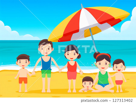 一家人在海裡游泳 一家人在海裡游泳 127313402