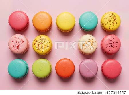 Vibrant Assorted French Macarons Arranged in Colorful Rows on Pastel Pink Background, Gourmet Dessert Selection for Bakery, Patisserie, Cafe, and Confectionery Concepts 127313557
