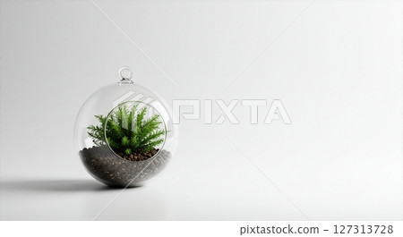 Glass Terrarium with Lush Green Plant, Minimalist Indoor Garden, Modern Home Decor, Eco-Friendly Botanical Arrangement, Fresh Foliage in Spherical Vase 127313728