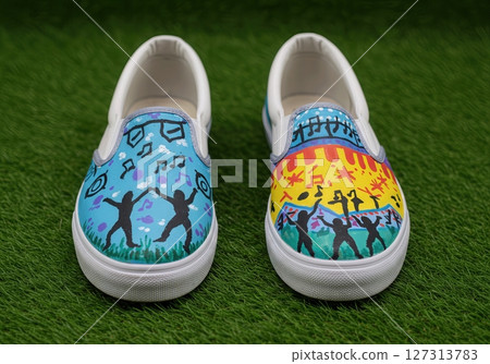 Hand Painted Slip On Canvas Shoes with Vibrant Music Festival Theme, Dancing Silhouettes, and Colorful Sunset Gradient for Artistic Streetwear and Music Lovers 127313783