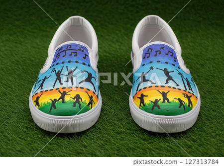 Hand Painted Slip On Canvas Shoes with Vibrant Music Festival Theme, Dancing Silhouettes, and Colorful Sunset Gradient for Artistic Streetwear and Music Lovers Hand Painted Slip On Canvas Shoes with Vibrant Music Festival Theme, Dancing Silhouettes, and Colorful Sunset Gradient for Artistic Streetwear and Music Lovers 127313784