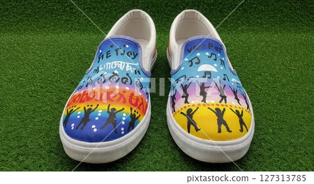 Hand Painted Slip On Canvas Shoes with Vibrant Music Festival Theme, Dancing Silhouettes, and Colorful Sunset Gradient for Artistic Streetwear and Music Lovers 127313785