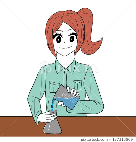 女孩將燒杯中的液體倒入燒瓶中 127313809